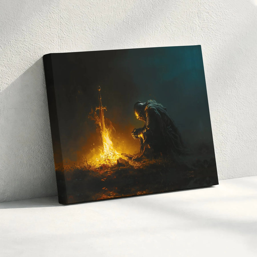 Knight Resting At Bonfire Canvas | Dark Fantasy Gaming Wall Art | Premium Gallery Wrapped Print | Gamer Gift For Office Decor
