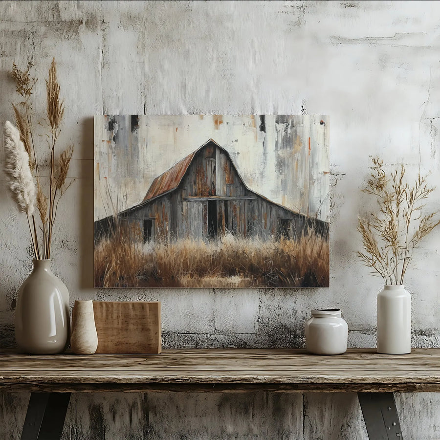 Art mural sur toile grange rustique | Impression de peinture abstraite texturée | Toile de qualité supérieure | Cadeau de décoration de salon style maison de campagne moderne