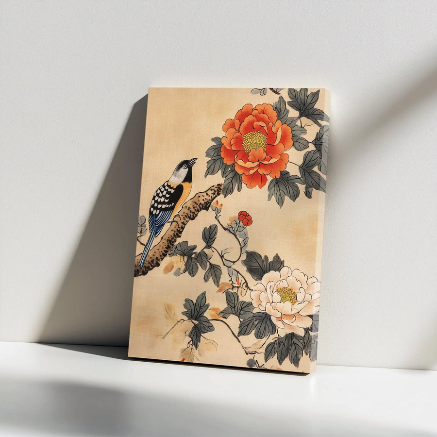 Japanese Bird and Peony Canvas Print | Vintage Ukiyo-e Style Illustration | Premium Gallery Wrapped Canvas | Asian Inspired Home Decor Gift