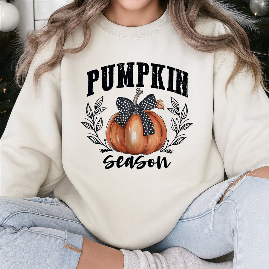 Pumpkin Season Sweatshirt | Coquette Aesthetic Bow Design | Soft Cotton Blend Fall Apparel | Trendy Autumn Crewneck Gift for Her