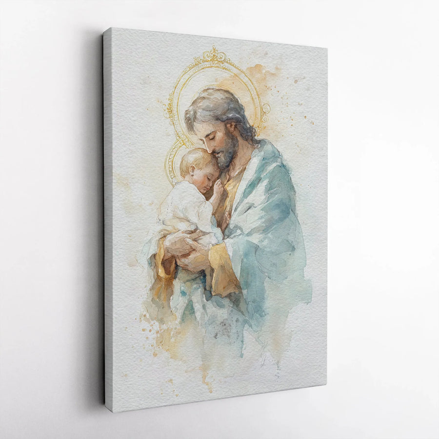 Saint Joseph and Baby Jesus Canvas Print | Watercolor Religious Wall Art | Premium 1.25" Gallery Wrap | Christian Home Decor Gift