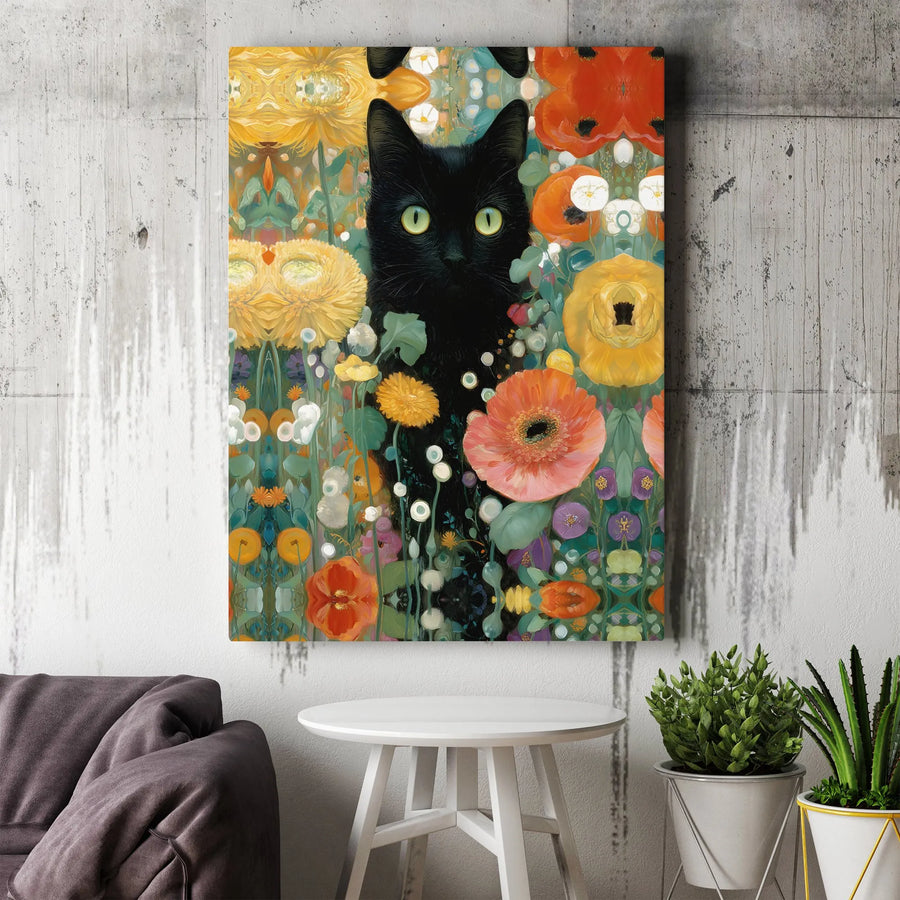 Black Cat Canvas Wall Art | Whimsical Floral Garden Painting | Premium Fade-Resistant Gallery Wrap | Gift for Cat Lovers & Home Decor