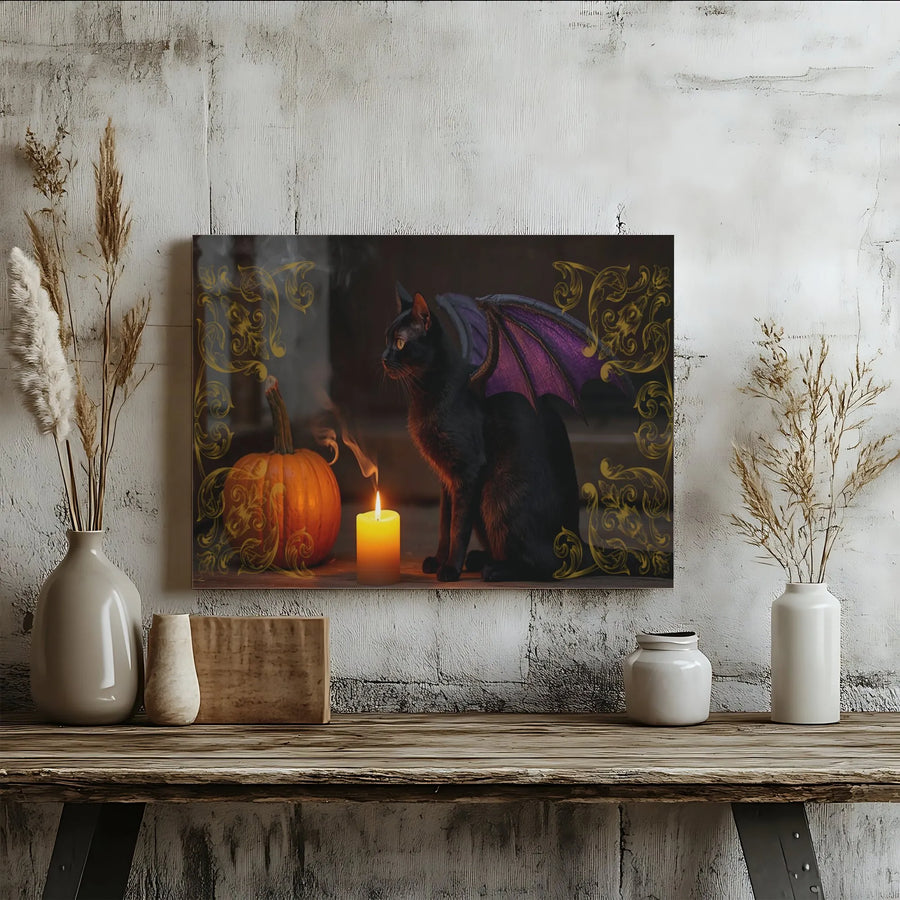Halloween Black Cat Canvas Art | Purple Dragon Wings & Pumpkin Design | Premium Fade-Resistant Print | Spooky Gothic Home Decor Gift