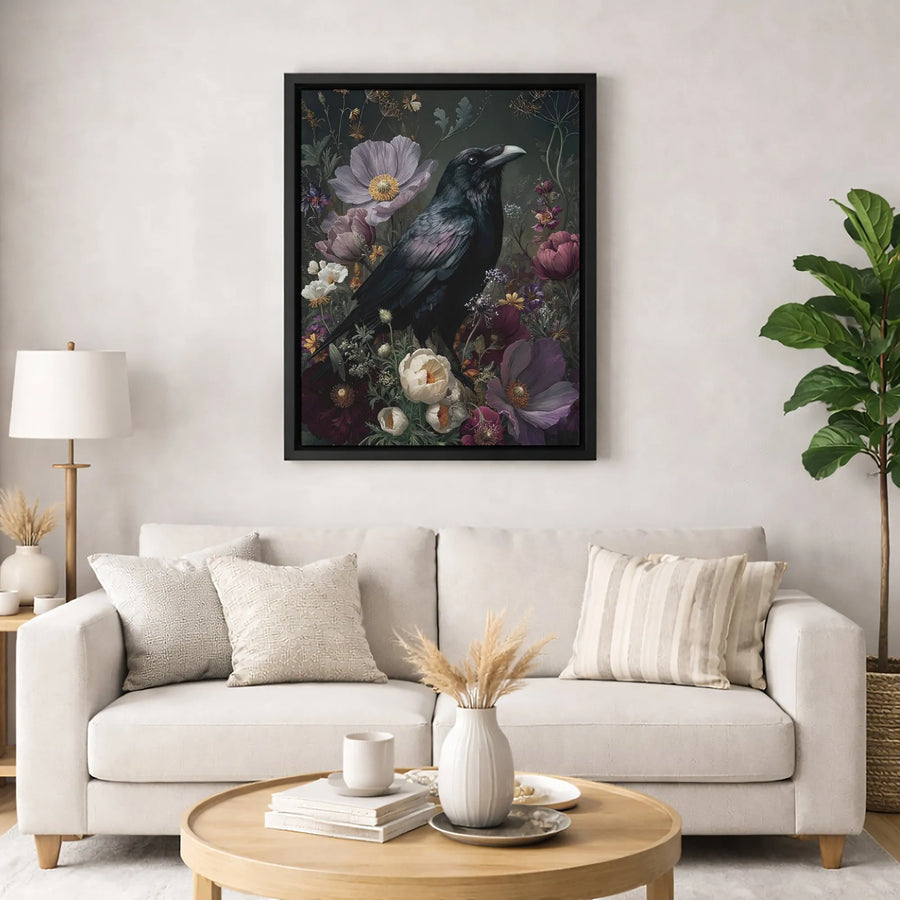 Gothic Raven Canvas Wall Art | Dark Moody Floral Botanical Print | Premium Gallery-Wrapped 1.25" Profile | Witchy Home Decor Gift