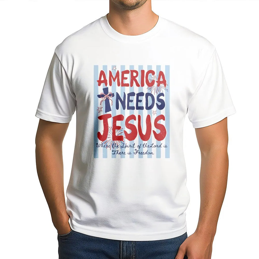 America Needs Jesus T-Shirt | Patriotic Coquette Bow USA Graphic | Premium Cotton Comfort Colors Tee | 4th of July Christian Faith Gift