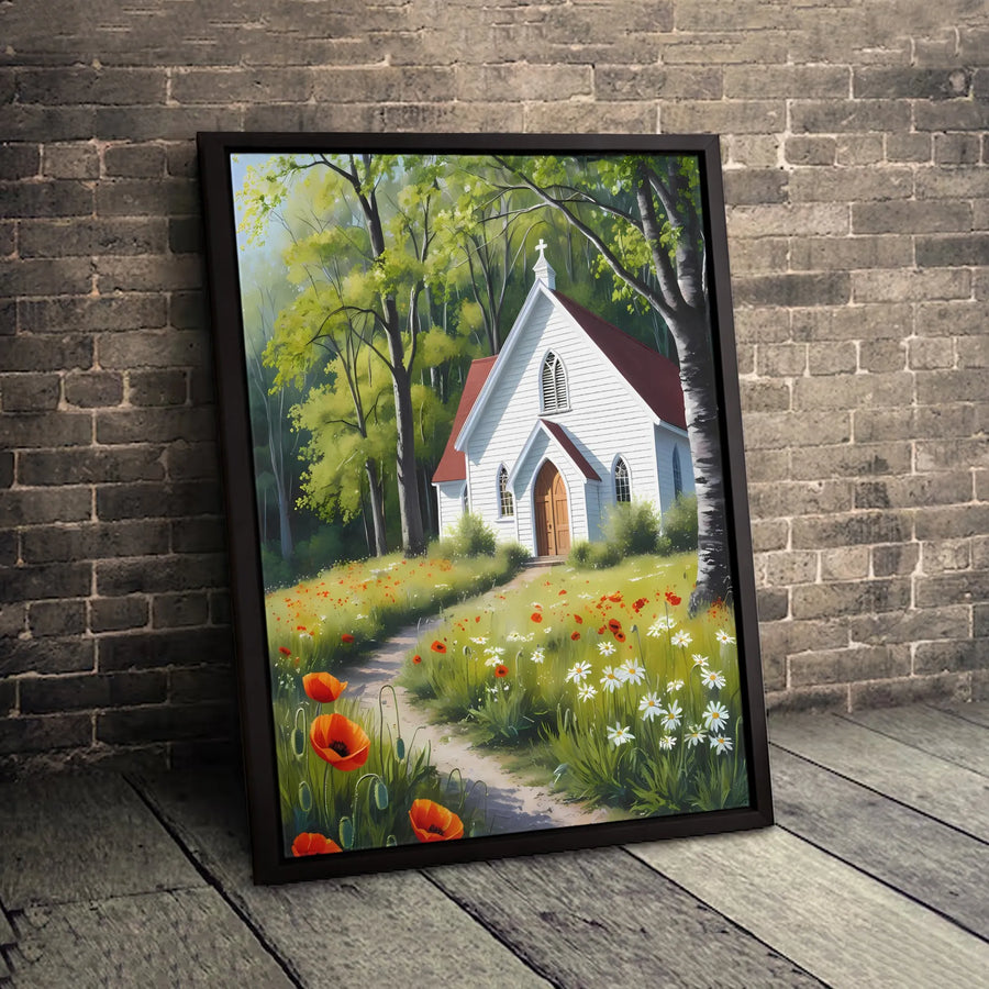 Country Church Canvas Wall Art | Woodland Meadow Poppies & Daisies Print | 1.25-Inch Gallery Wrap | Premium Religious Home Decor Gift