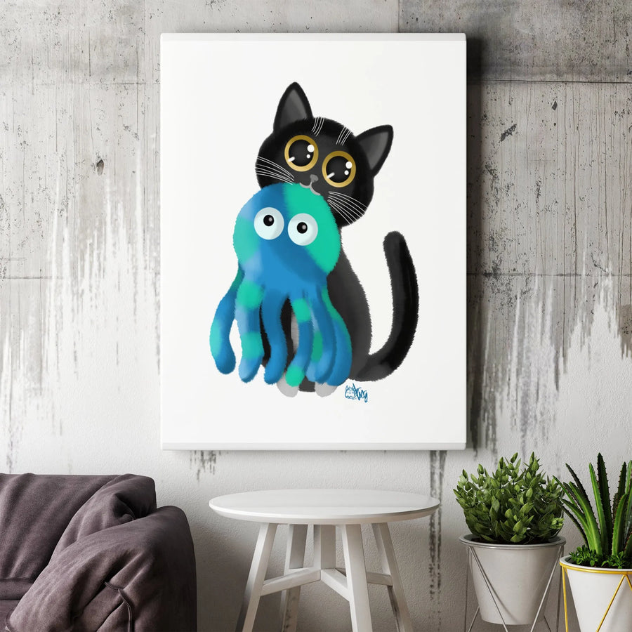 Cute Black Cat Vertical Canvas | Whimsical Art Print with Octopus Toy | Premium Gallery Wrapped Wall Art | Nursery Decor Gift for Kids & Cat Lovers