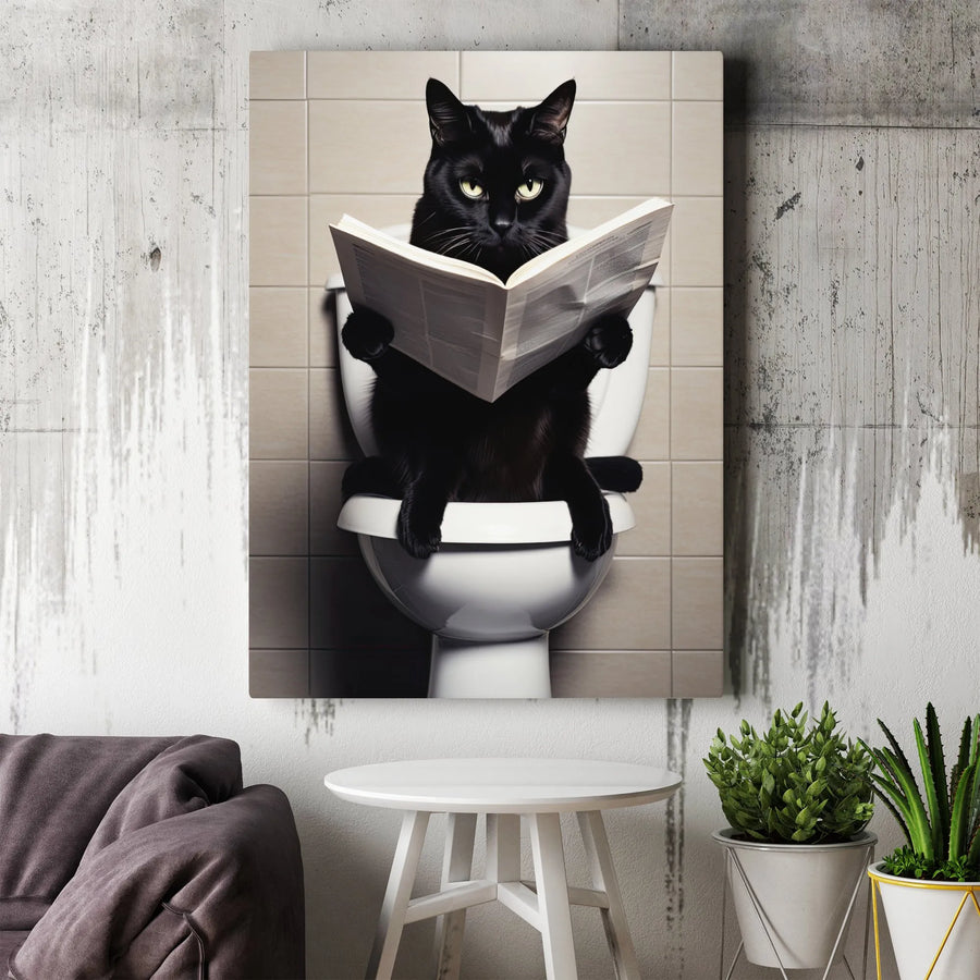Black Cat Reading Newspaper On Toilet Canvas Wall Art | Funny Bathroom Decor | Premium Fade-Resistant Print | Quirky Gift for Cat Lovers