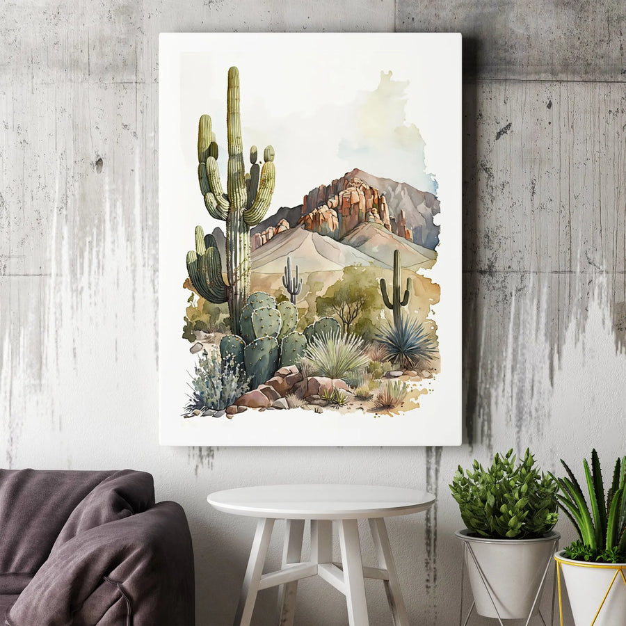 Arizona Desert Landscape Canvas | Watercolor Saguaro Cactus Wall Art | Premium Gallery-Wrapped Print | Southwest Home Decor Gift