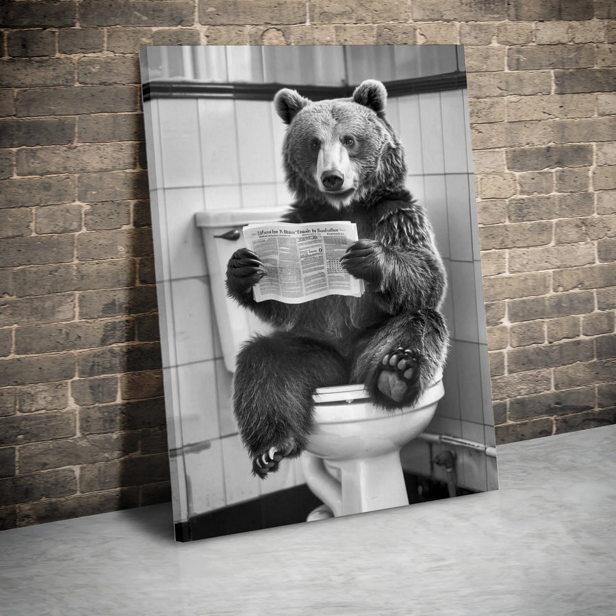 Bear Reading Newspaper on Toilet Canvas Art | Funny Bathroom Wall Decor | Premium Fade-Resistant Print | Quirky Gift for Bathroom Lovers