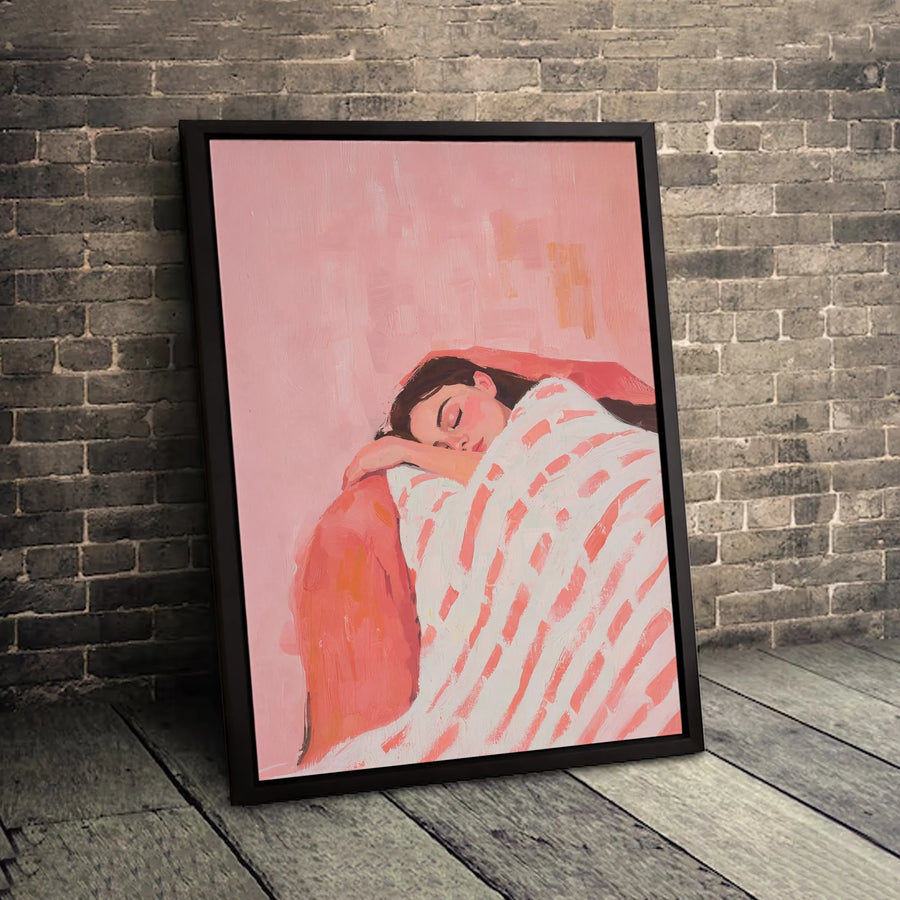 Sleeping Woman Canvas Art | Impressionist Pink Striped Blanket Painting | 1.25-Inch Gallery Wrap | Modern Bedroom Home Decor Wall Art
