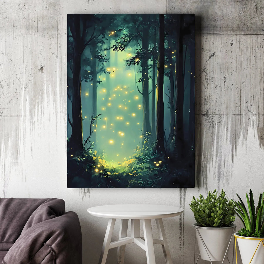 Enchanted Forest Wall Art | Magical Firefly Glowing Woods Canvas Print | Premium Gallery Wrap Decor | Nature Lover Gift