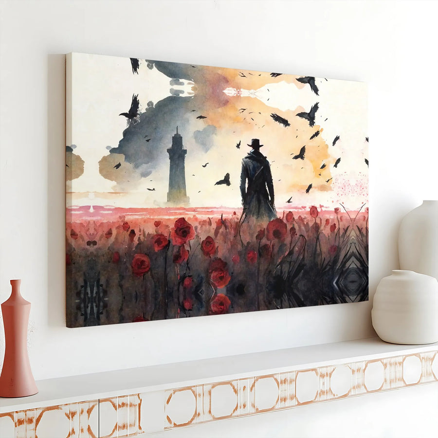 Mysterious Man in Trench Coat Canvas Art | Watercolor Lighthouse Poppy Field Print | Premium Gallery Wrap | Dark Aesthetic Wall Decor