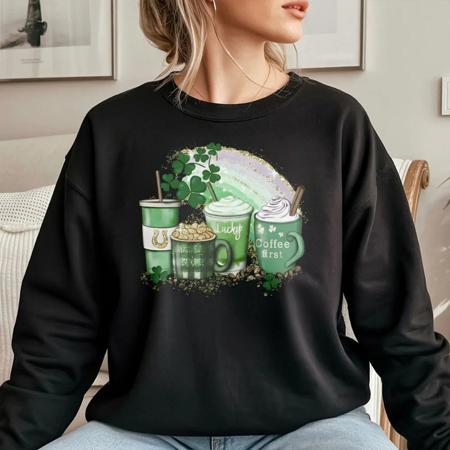 St. Patrick's Day Coffee Sweatshirt | Lucky Shamrock Latte Graphic | Premium Cotton Blend | Unisex Holiday Gift for Coffee Lovers