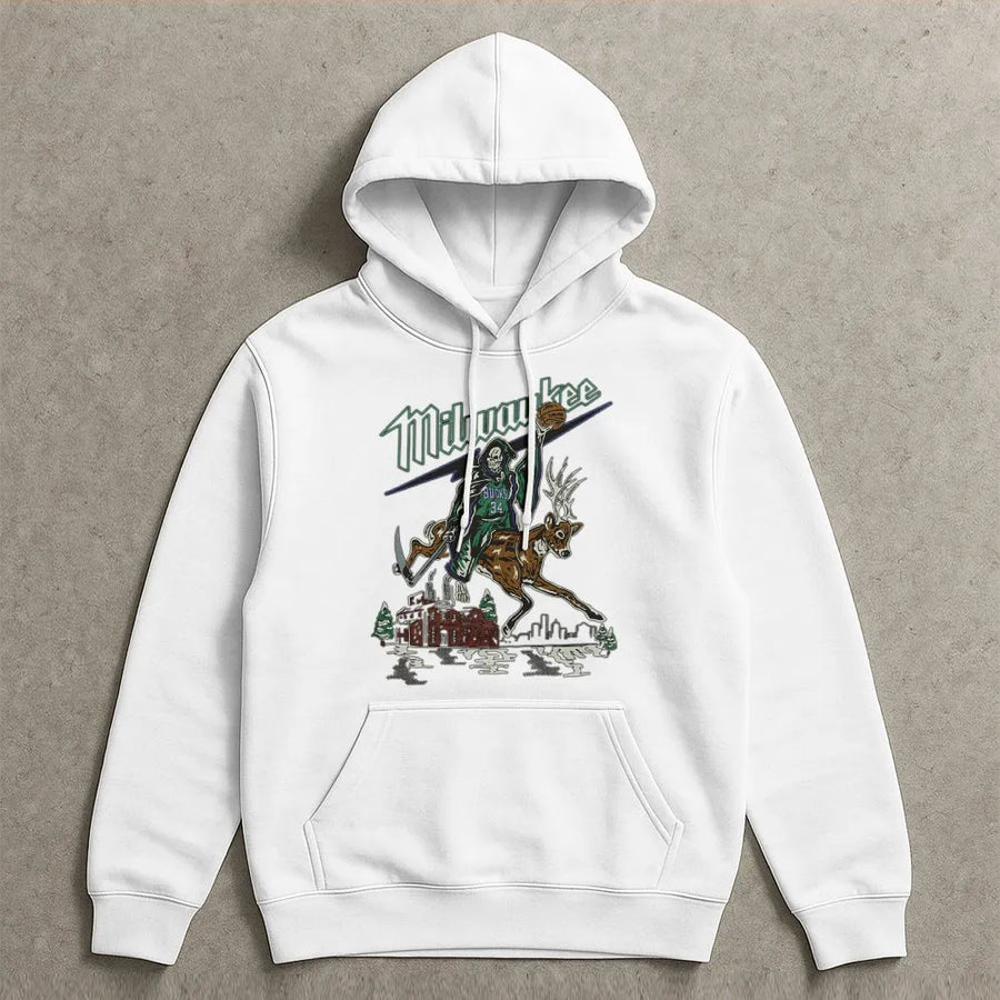 Milwaukee Bucks Grim Reaper Deer Hoodie – Giannis 34 Basketball Streetwear Graphic Hoodie, Nba Fan Gift, Vintage Milwaukee Bucks Hoodie