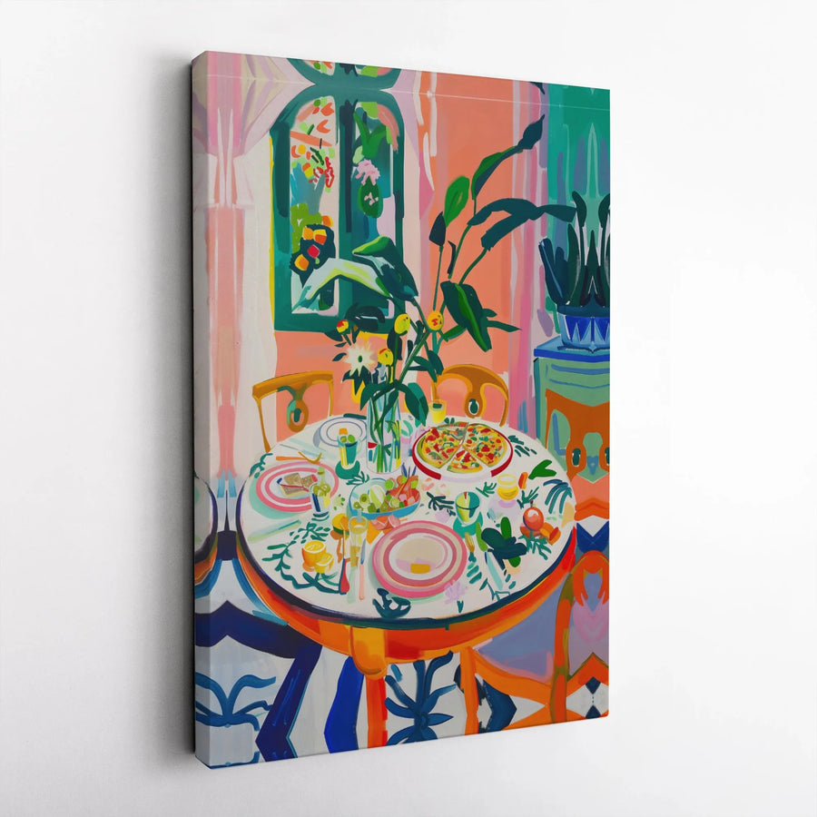 Abstract Dining Table Canvas Wall Art | Colorful Pizza Dinner Still Life | 1.25 Inch Gallery Wrap | Modern Kitchen & Dining Room Decor
