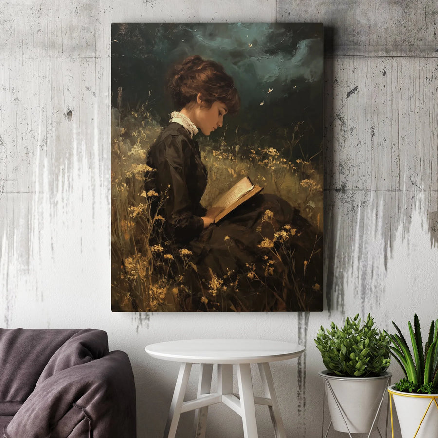Victorian Woman Reading Painting | Dark Academia Wall Art | 1.25" Premium Canvas Print | Moody Wildflower Field Aesthetic Decor