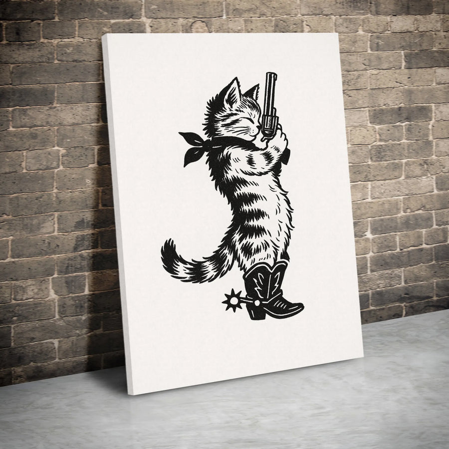 Cowboy Cat Wall Art | Western Pistol-Packing Kitty Print | Premium Gallery Wrapped Canvas | Quirky Home Decor Gift for Cat Lovers