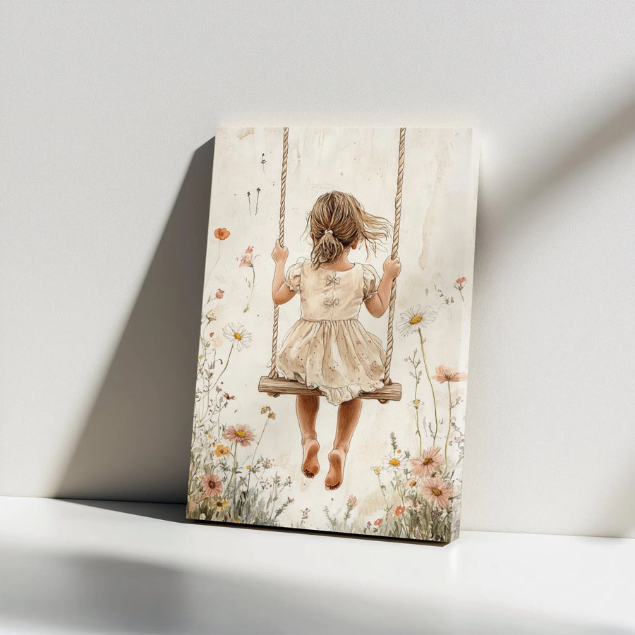 Girl On Swing Canvas Wall Art | Watercolor Wildflower Field Print | Premium 1.25" Gallery Wrap | Whimsical Nursery & Home Decor Gift