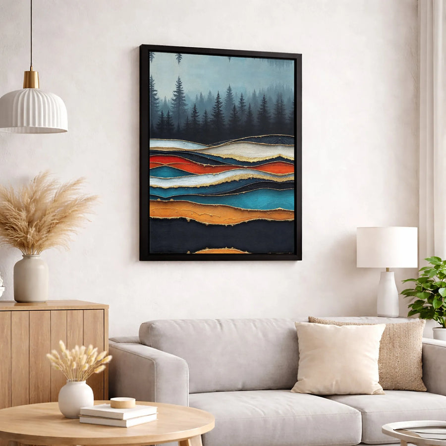 Abstract Forest Canvas Wall Art | Misty Pine Landscape with Gold Leaf Layers | Premium Textured Gallery Wrap | Modern Home Office Decor Gift
