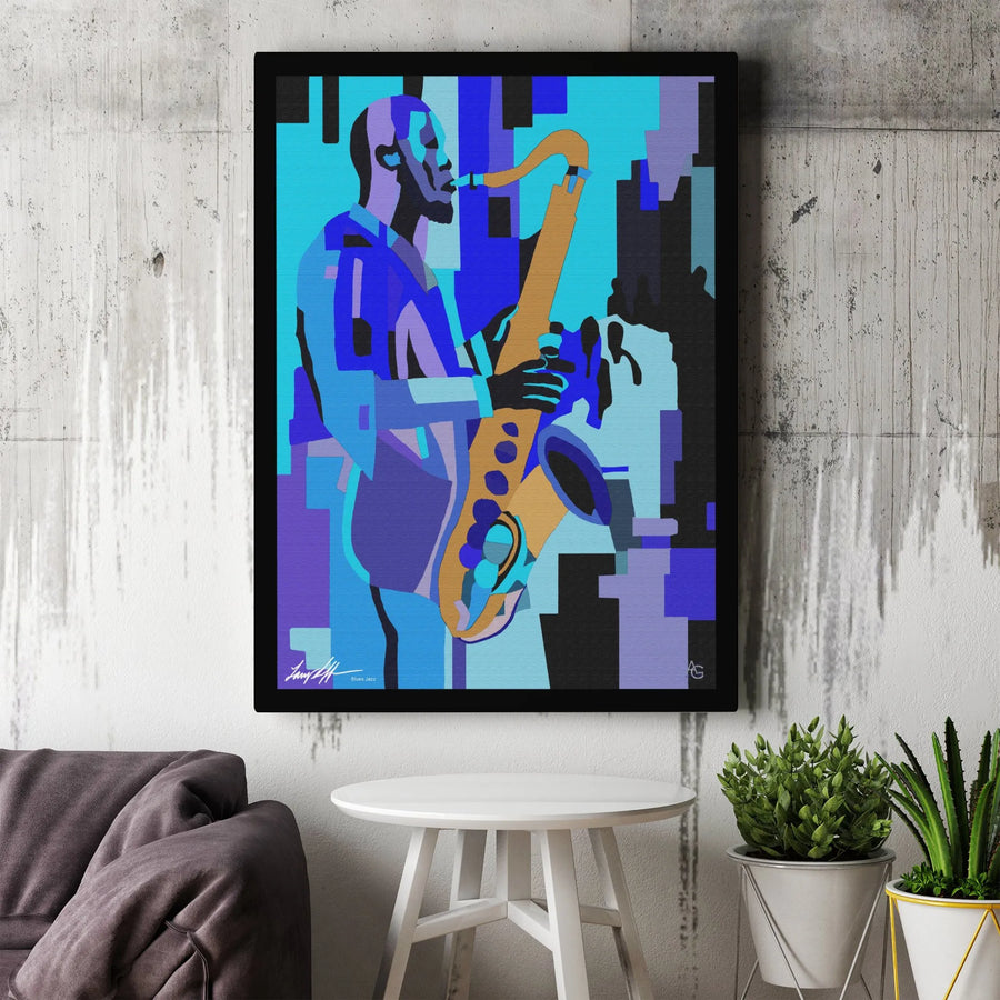 Abstract Jazz Canvas Wall Art | Modern Cubist Style Saxophone Player | Premium Canvas Print with Fade-Resistant Inks | Collector's Gift for Music Lover