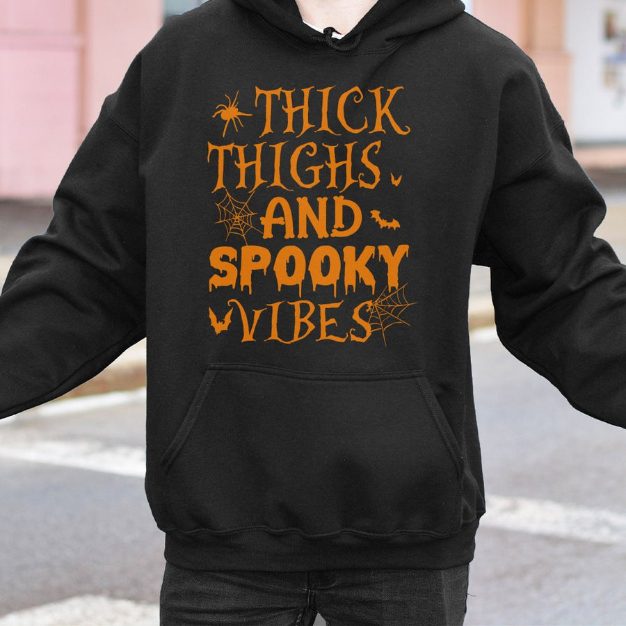 Thick Thighs And Spooky Vibes Hoodie | Halloween Skeleton Spider Web Graphic | Premium Cotton Blend | Funny Fall Gift For Women