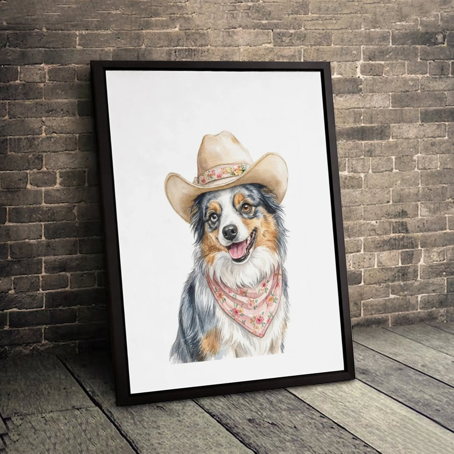 Australian Shepherd Wall Art | Watercolor Dog in Cowboy Hat | Premium Gallery Wrap Canvas | Western Farmhouse Decor Gift for Dog Lovers