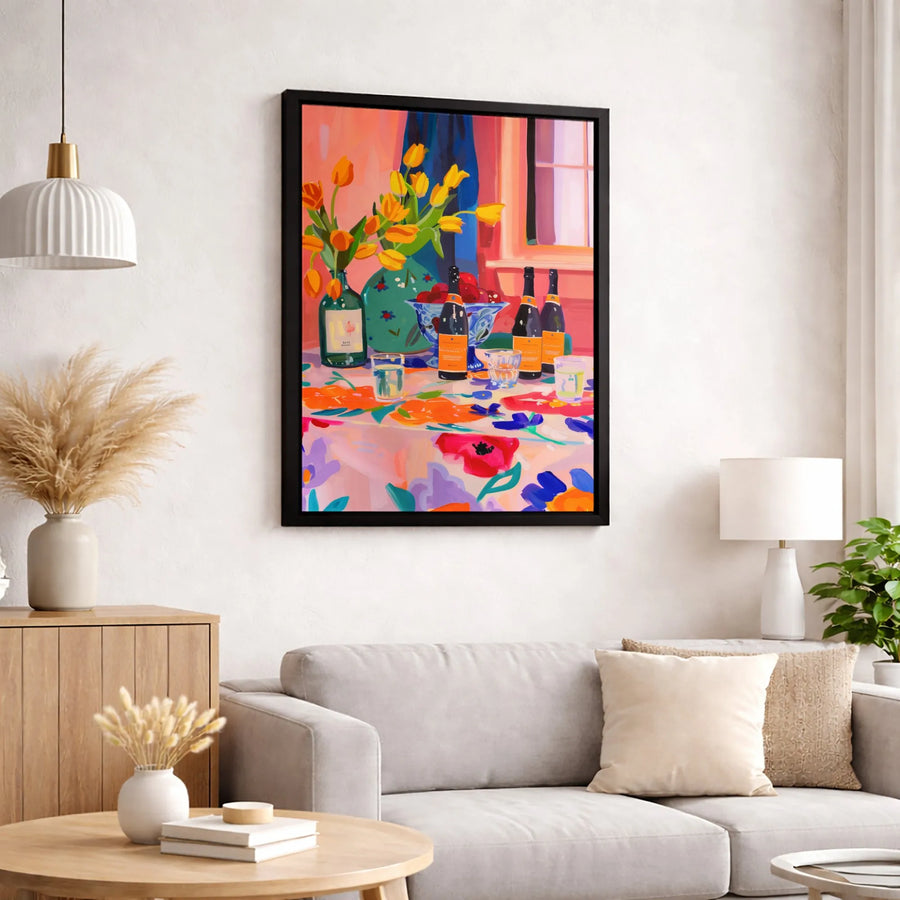 Colorful Still Life Canvas Print | Modern Tulip And Wine Art | Gallery-Quality Fade-Resistant Decor | Aesthetic Kitchen Dining Wall Art
