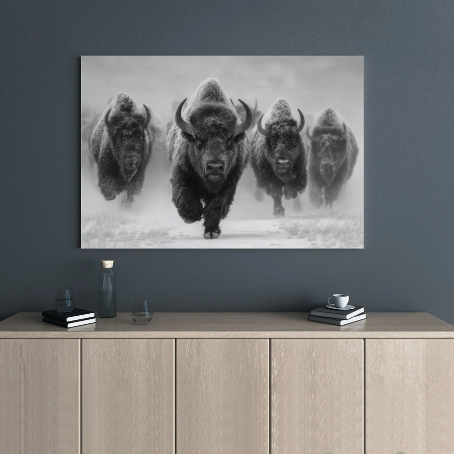 American Bison Canvas Print | Charging Buffalo Herd in Snow | Premium Gallery Wrapped Wall Art | Wildlife Nature Decor for Office or Living Room