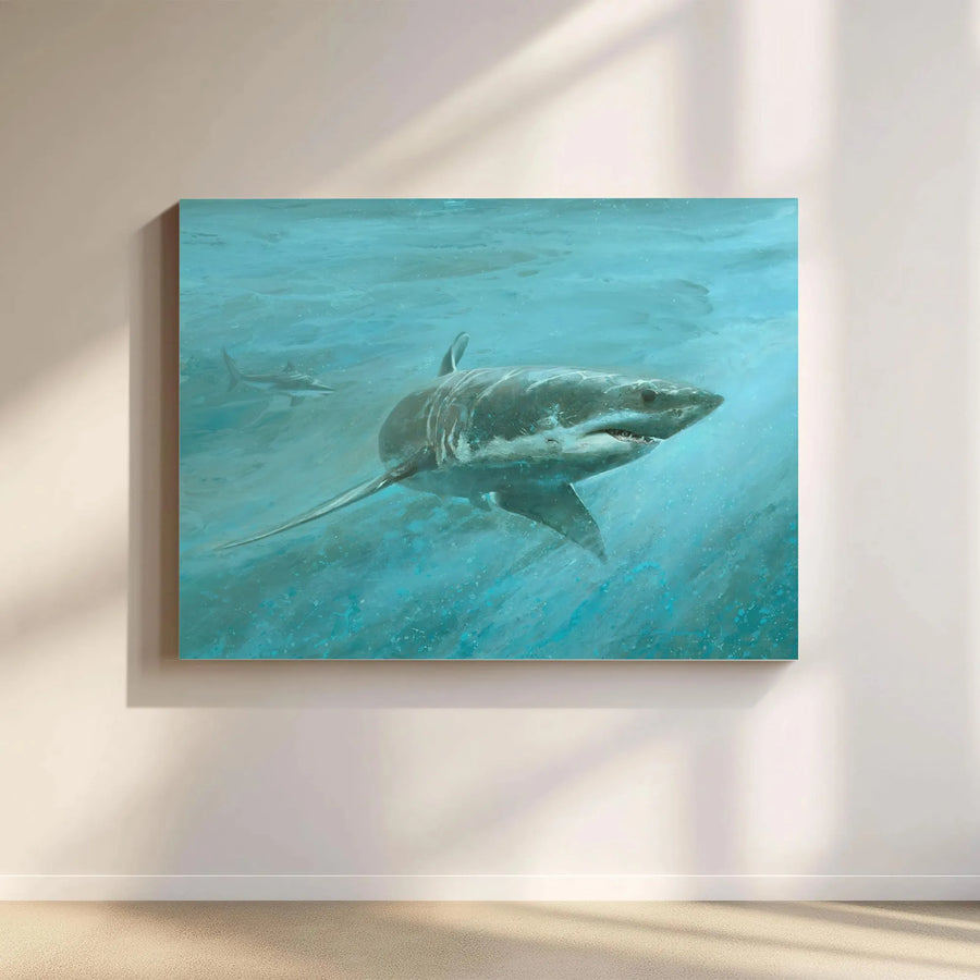 Great White Shark Canvas Art | Underwater Ocean Wildlife Painting | Premium Gallery Wrap Print | Coastal Home Office Wall Decor Gift