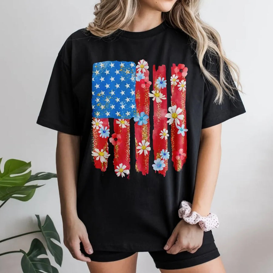 Floral American Flag T-Shirt | Retro Watercolor USA Flag Design | Premium Cotton Blend | Patriotic Fourth of July Gift for Women