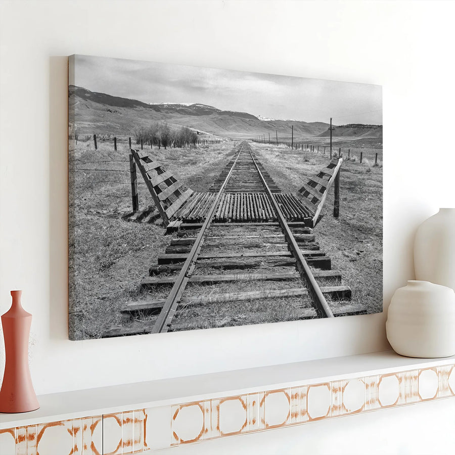 Black and White Railroad Tracks Canvas Art | Vintage Landscape Photography | Premium 1.25" Gallery Wrap | Rustic Farmhouse Wall Decor Gift