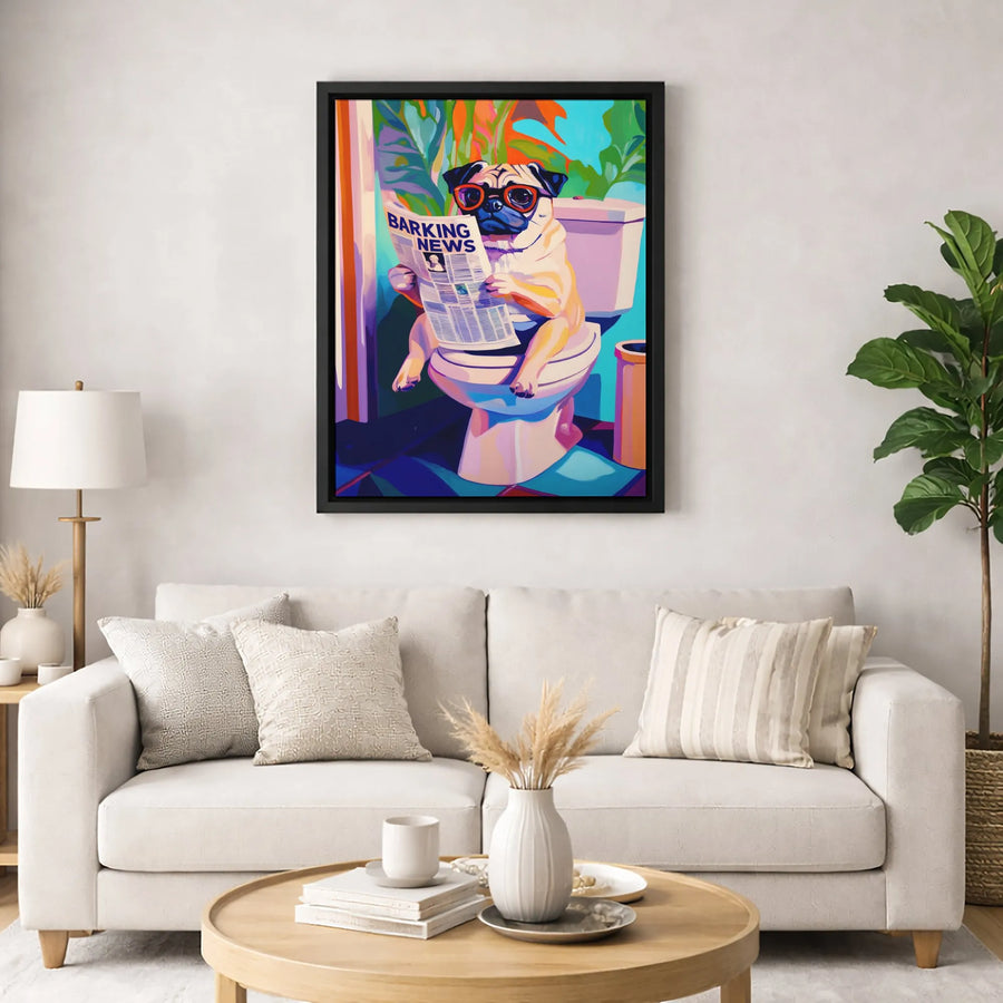 Pug Reading Newspaper Canvas Art | Funny Dog on Toilet Pop Art Print | Premium 1.25" Gallery Wrap | Quirky Bathroom Decor Gift for Dog Lovers