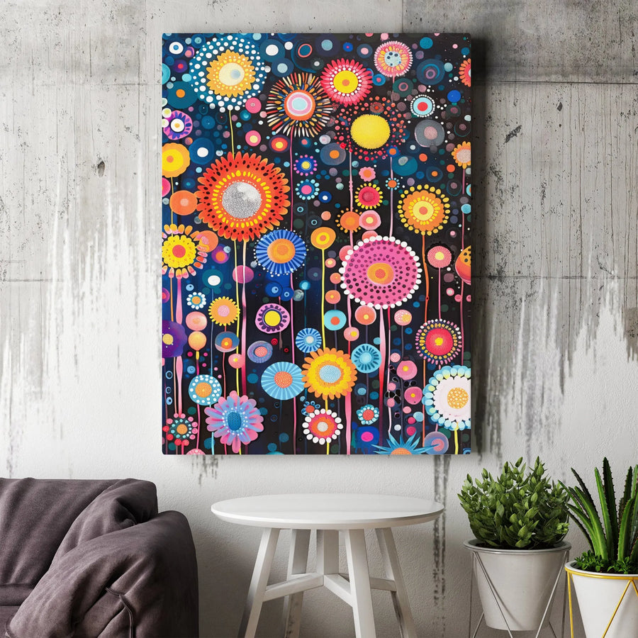 Abstract Floral Canvas Wall Art | Colorful Folk Art Flower Garden Print | Premium Gallery Wrap Wooden Frame | Modern Home Decor Gift