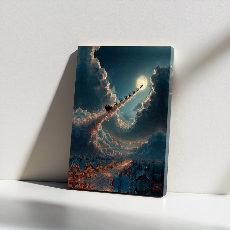 Christmas Wall Art Canvas | Santa Sleigh Flying Over Snow Village | Premium Gallery Wrap Decor | Holiday Living Room Gift