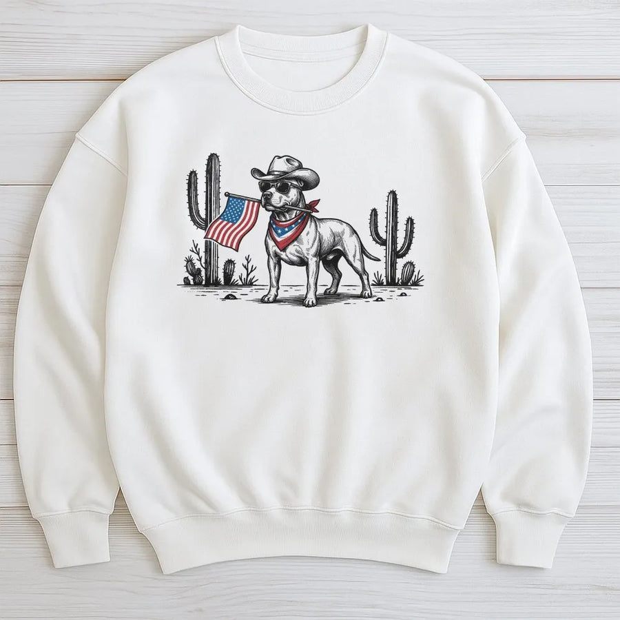 Patriotic Cowboy Dog Sweatshirt | American Flag Pitbull Graphic | Premium Cotton-Blend Pullover | 4th of July Gift for Dog Lovers