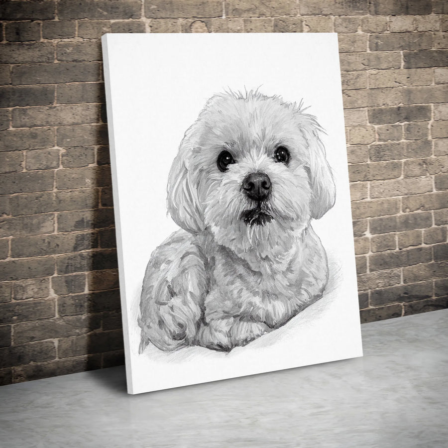 Cute Maltese Canvas Wall Art | Black and White Dog Pencil Sketch | Premium Fade-Resistant Print | Unique Pet Lover Home Decor Gift