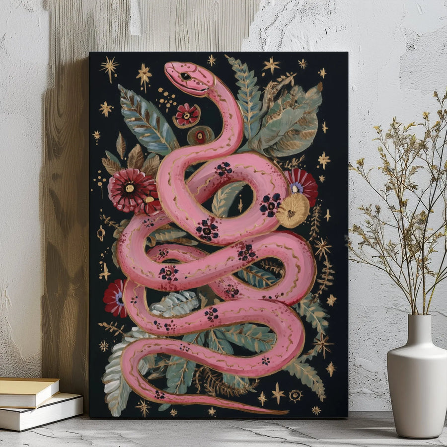 Pink Snake Wall Art | Celestial Botanical Serpent Print | Gallery Wrapped Premium Canvas | Gothic Witchy Home Decor Gift