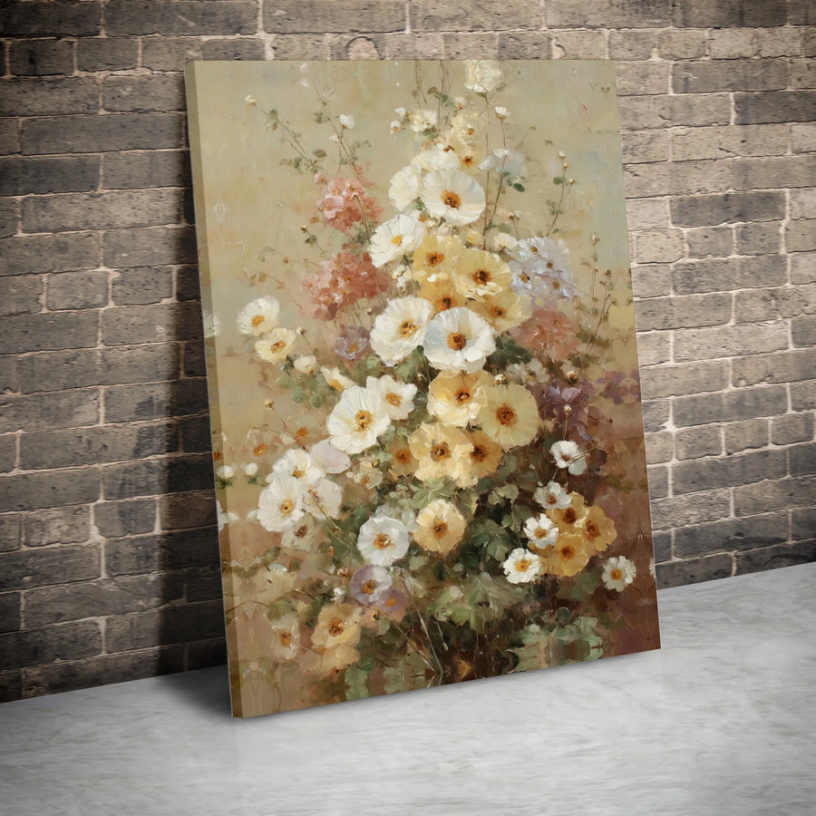 Vintage Impressionist Flower Canvas Print | Cream And Yellow Floral Still Life | Gallery Quality 1.25 Inch Wrap | Elegant Home Decor Wall Art