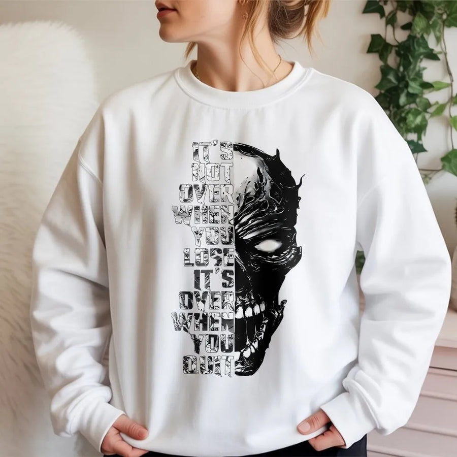 Skull Motivational Sweatshirt | It's Not Over When You Lose Quote | Premium Cotton Blend Graphic Pullover | Gift for Gym Lovers and Men