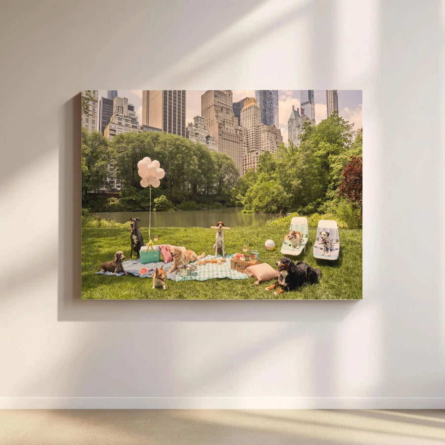 Dogs in Central Park Canvas Wall Art | Funny Dog Picnic Scene | Premium Fade-Resistant Print | Gift for Dog Lover & NYC Decor