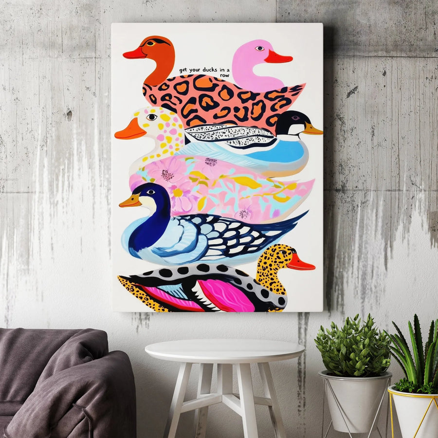 Get Your Ducks In A Row Wall Art | Colorful Abstract Duck Decor | Premium Gallery Wrap Canvas | Whimsical Office and Home Decor Gift