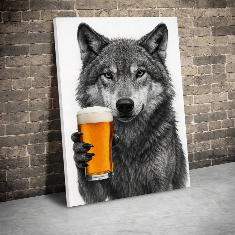 Wolf Holding Beer Canvas Wall Art | Funny Animal Bar Decor | Premium Fade-Resistant Print | Unique Gift for Beer Lovers & Man Cave Decor