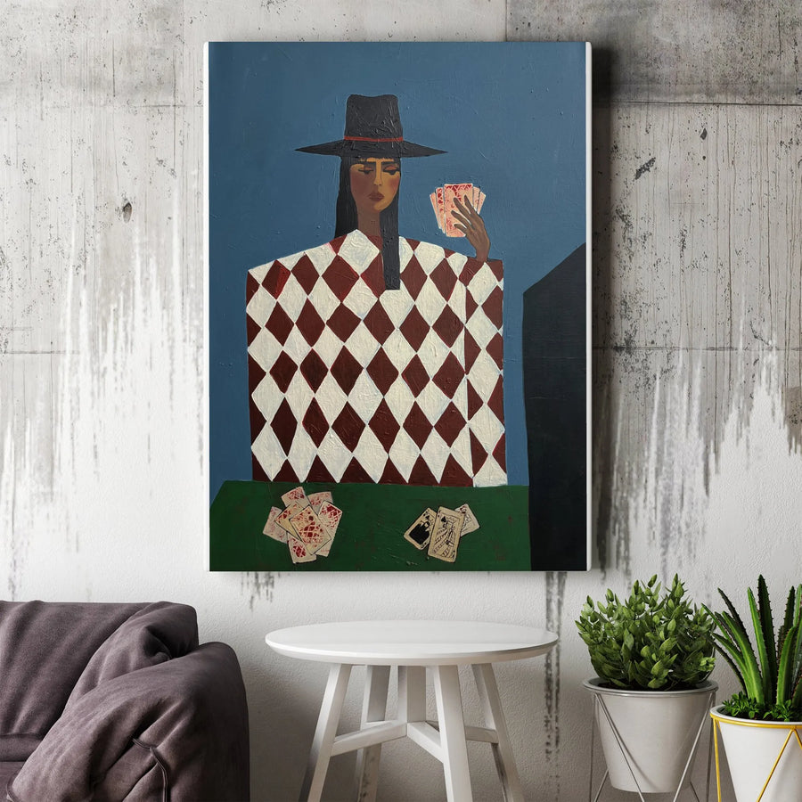 Abstract Card Player Canvas Wall Art | Modern Woman Gambler Painting | Premium Gallery Wrapped Canvas | Game Room Decor Gift for Poker Player