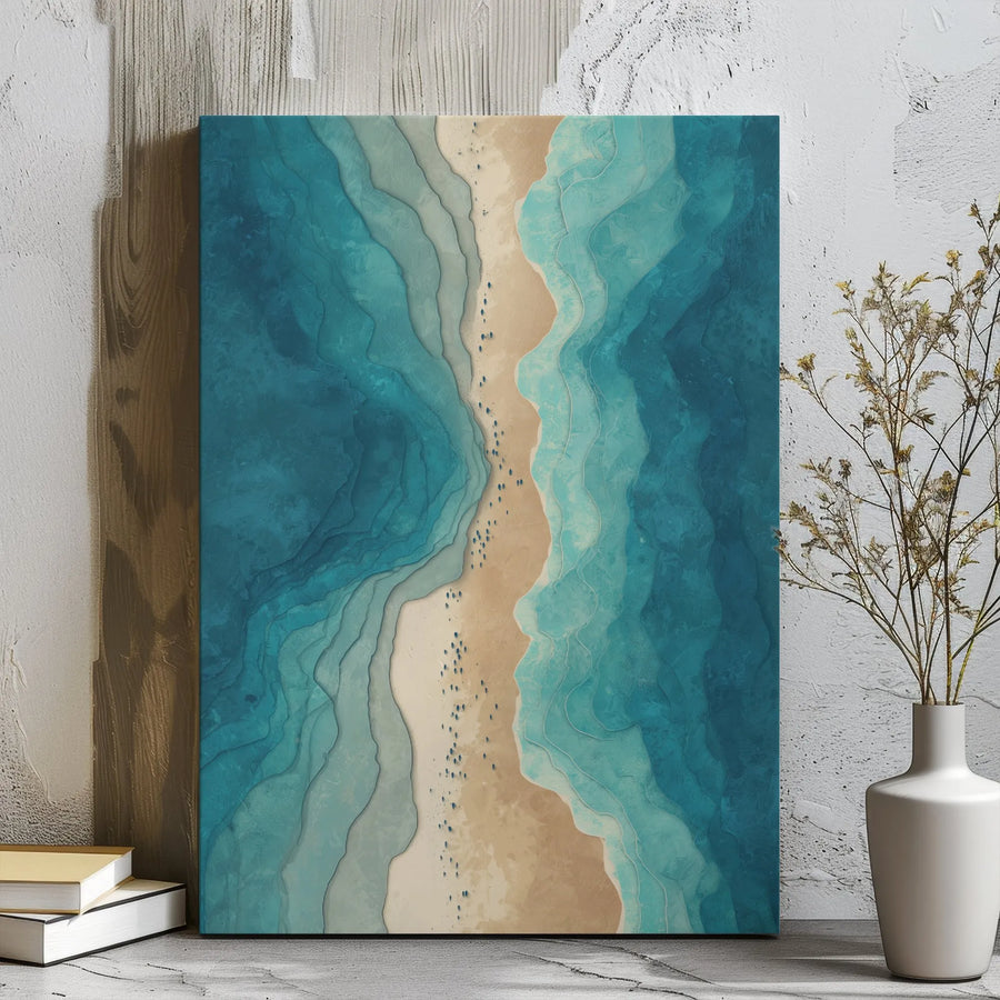 Aerial Beach Canvas Wall Art | Layered Ocean Wave Abstract Print | Premium Gallery Wrap 1.25 Inch Frame | Coastal Decor for Living Room Gift