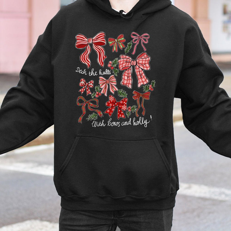 Christmas Bows Hoodie | Festive Deck The Halls Graphic | Premium Cotton Blend | Cozy Holiday Apparel Gift for Women
