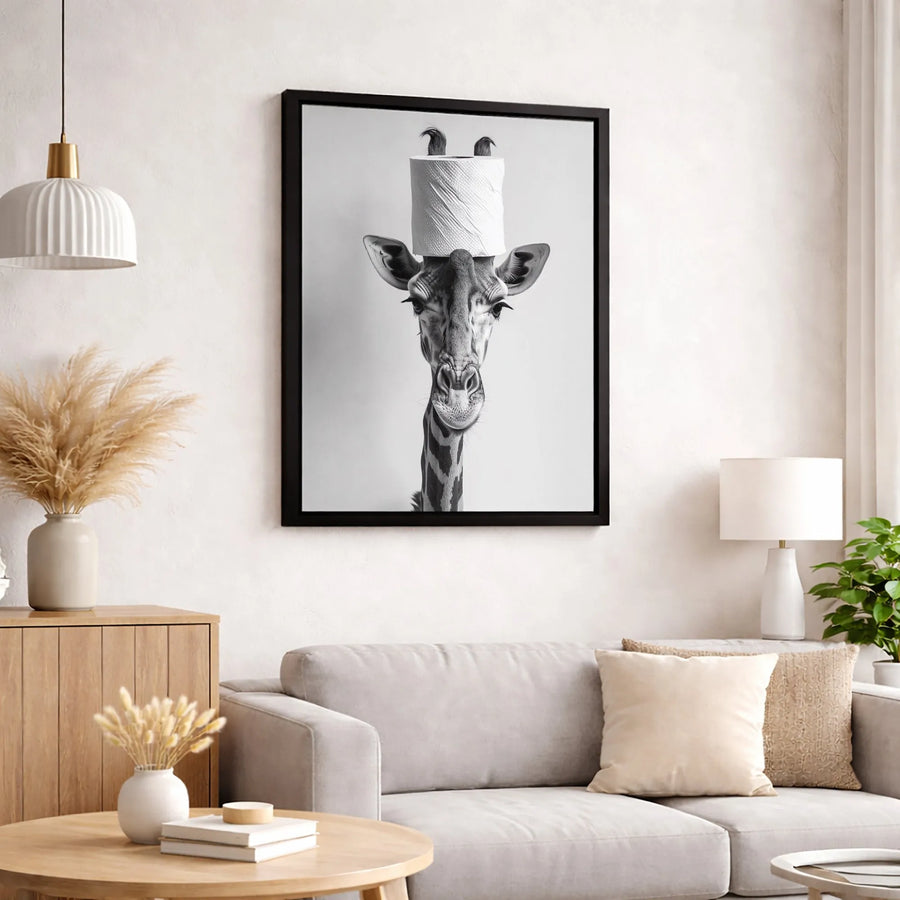 Giraffe With Toilet Paper On Head Canvas | Funny Animal Bathroom Wall Art | Premium Fade-Resistant Print | Quirky Home & Office Decor Gift
