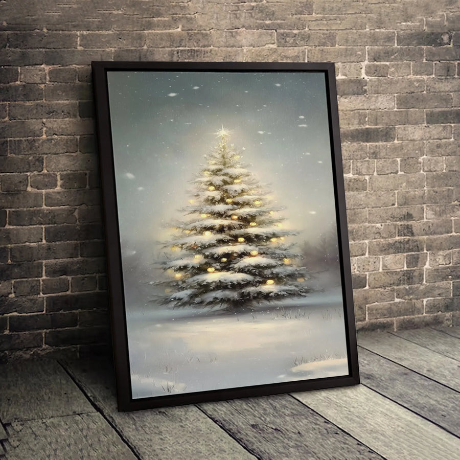 Snowy Christmas Tree Canvas Art | Illuminated Winter Landscape Print | Premium Gallery-Wrapped Wall Decor | Festive Holiday Home Gift