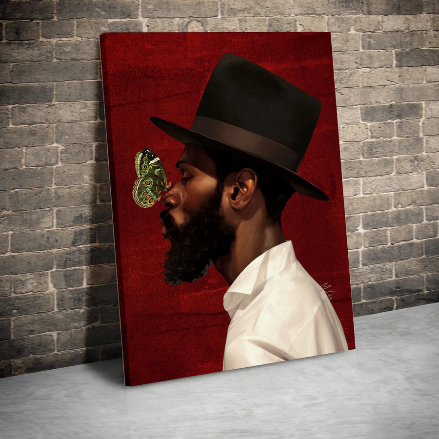Black Man Portrait Canvas Art | Bearded Gentleman With Butterfly Print | Premium Gallery Wrap Wall Decor | Modern Afrocentric Living Room Gift