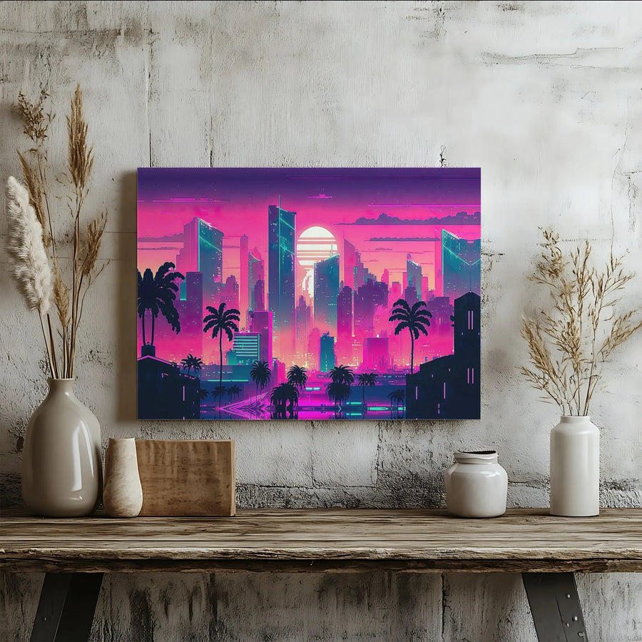 Synthwave Cityscape Canvas Wall Art | Neon Sunset Palm Tree Design | Premium Gallery Wrap 1.25-Inch Frame | Retro Aesthetic Gift for Home Decor